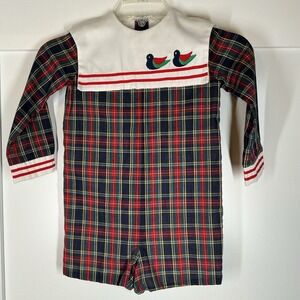 Vintage Funtasia Too Red Blue Plaid Romper Embroidered Ducks Boys Size 4